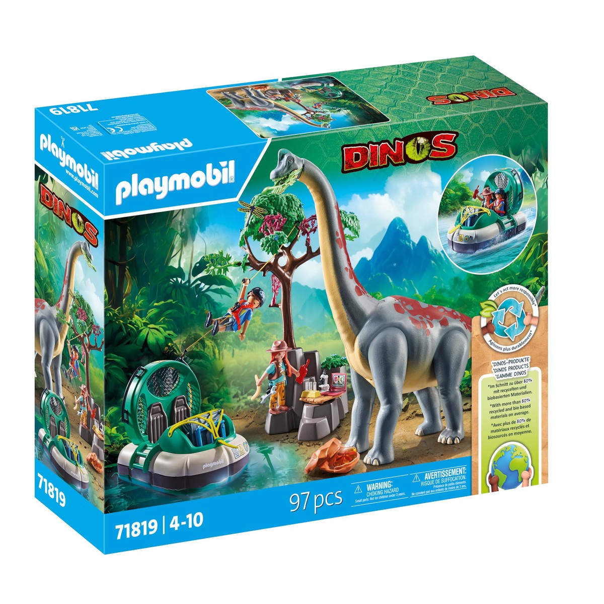 PLAYMOBIL | Dinos | Brachiosaurus Ontmoeting met Luchtkussenvoertuig | Dino speelset | Dino avontuur voor kinderen van 4+ | 71819