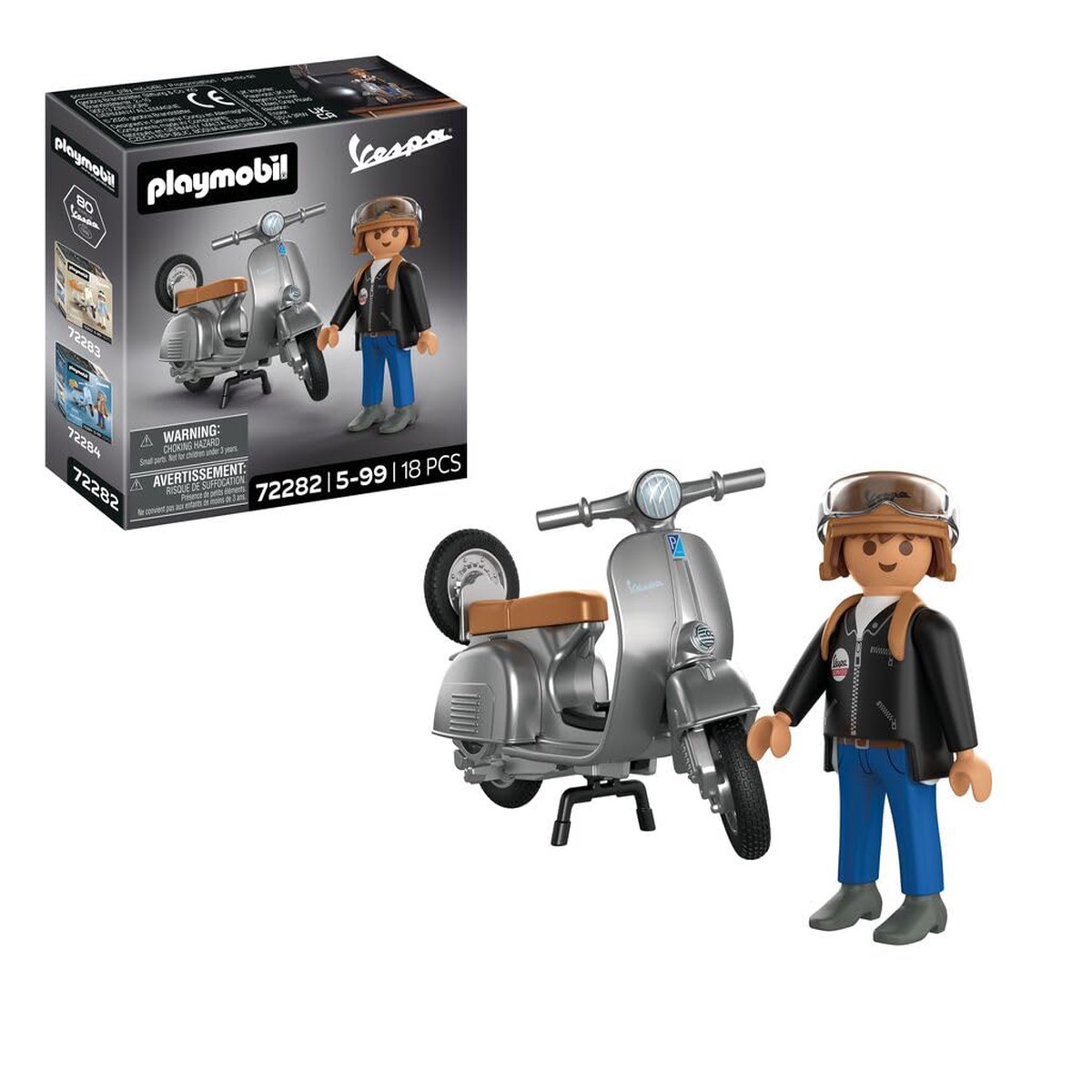 PLAYMOBIL | Vespa | Vespa 80th Anniversary: Original Style | Jubilums-Edition in silbernem Retro-Design mit Figur, Helm & Stickerbogen | Fr Kinder ab 4 Jahren | 72282