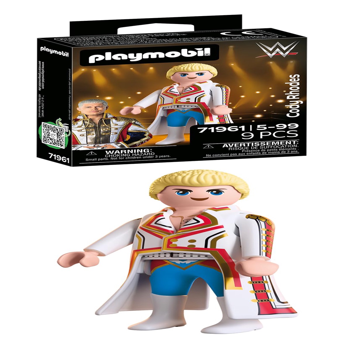 Playmobil | WWE | Cody Rhodes | Supersterfiguur met witte jas, blauwe broek en displaystandaard | Voor fans vanaf 5 jaar | 71961