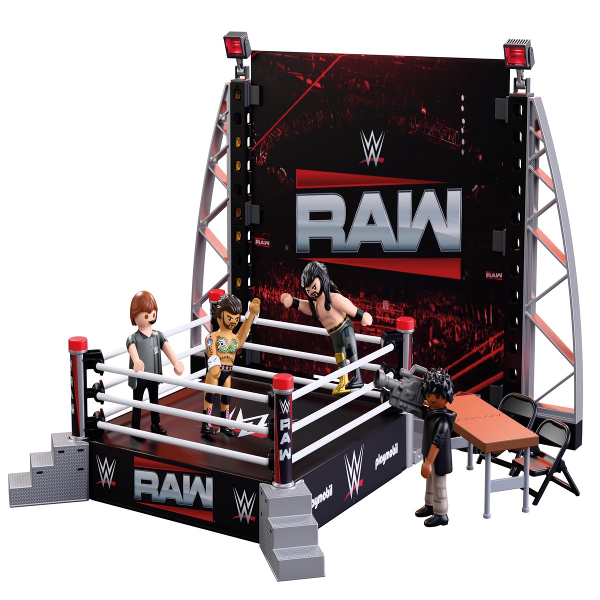 PLAYMOBIL WWE, WWE RAW ringverzamelset, worstelring met CM Punk, Seth Rollins, scheidsrechter, cameraman en accessoires, voor fans vanaf 5 jaar, 71956