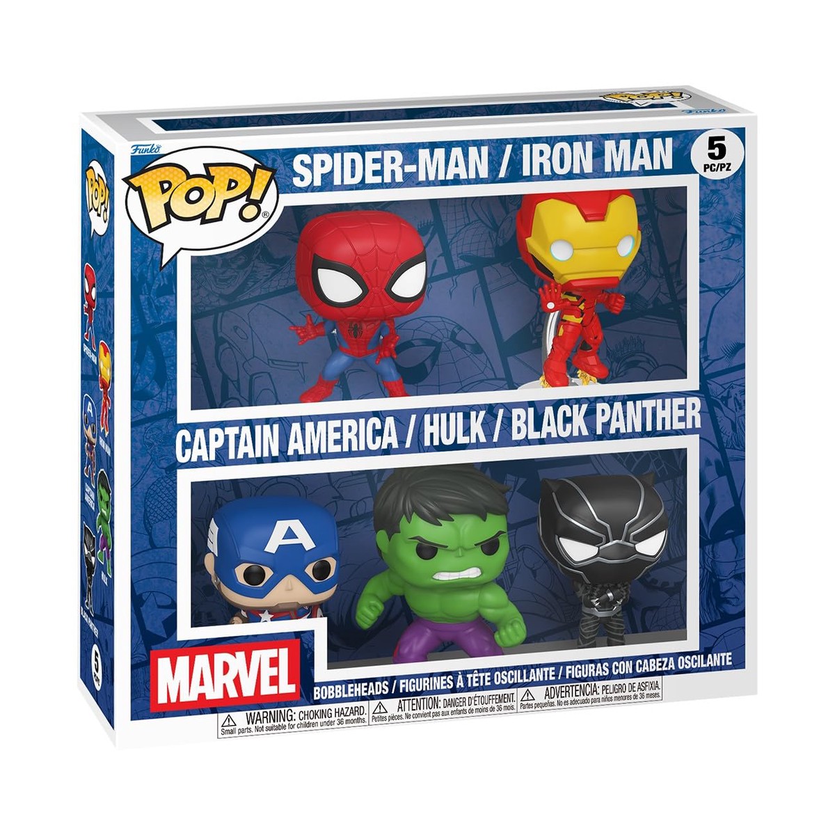 Funko Pop! Marvel: Spiderman/Iron Man/CPT. America/Hulk/Black Panther, 5-Pk