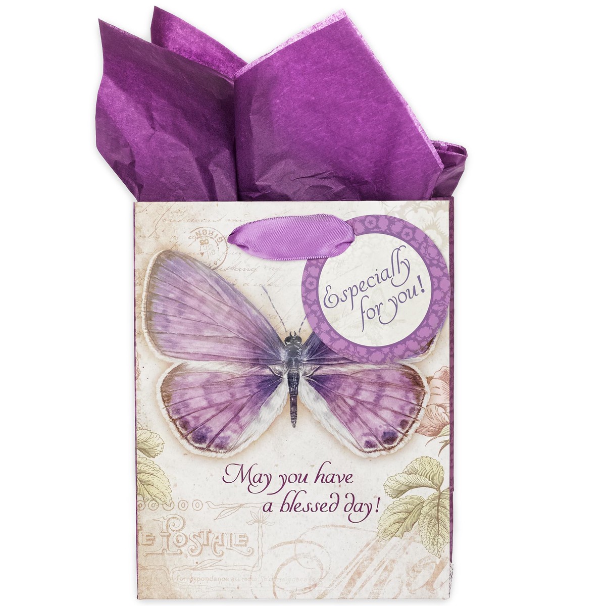 Christian Art Gifts Small Gift Bag with Tissue Paper, Purple Butterfly