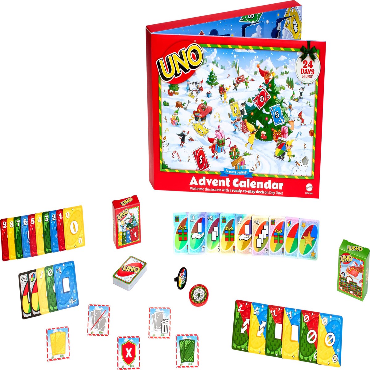 Mattel Games UNO Advent Calendar Card Game for Ages 7+, 2-4 Players | Seasons Dealings 24 Days of Surprise Play for Kids & Families, Includes Full UNO Deck