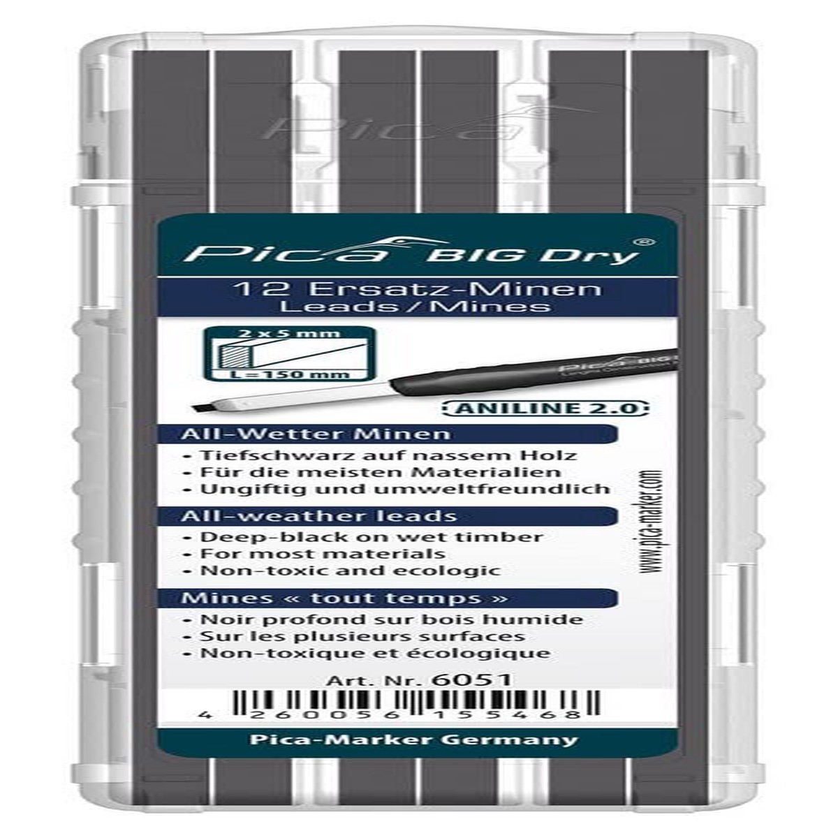 Pica BIG DRY Pack of 12 Pencil Refills Wet Material Aniline Black Graphite 6051