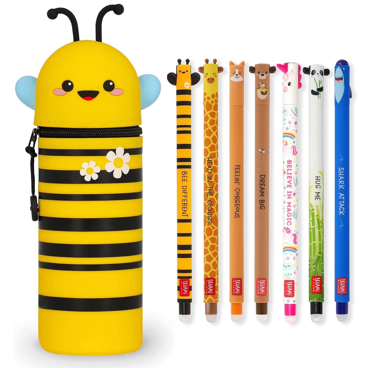 LEGAMI – Set of 7 Erasable Gel Pens + 2-in-1 Pencil Case Pen Pot – with Thermosensitive Erase Ink, Range of ink colours & barrel designs, 0.7mm Tip (Bee