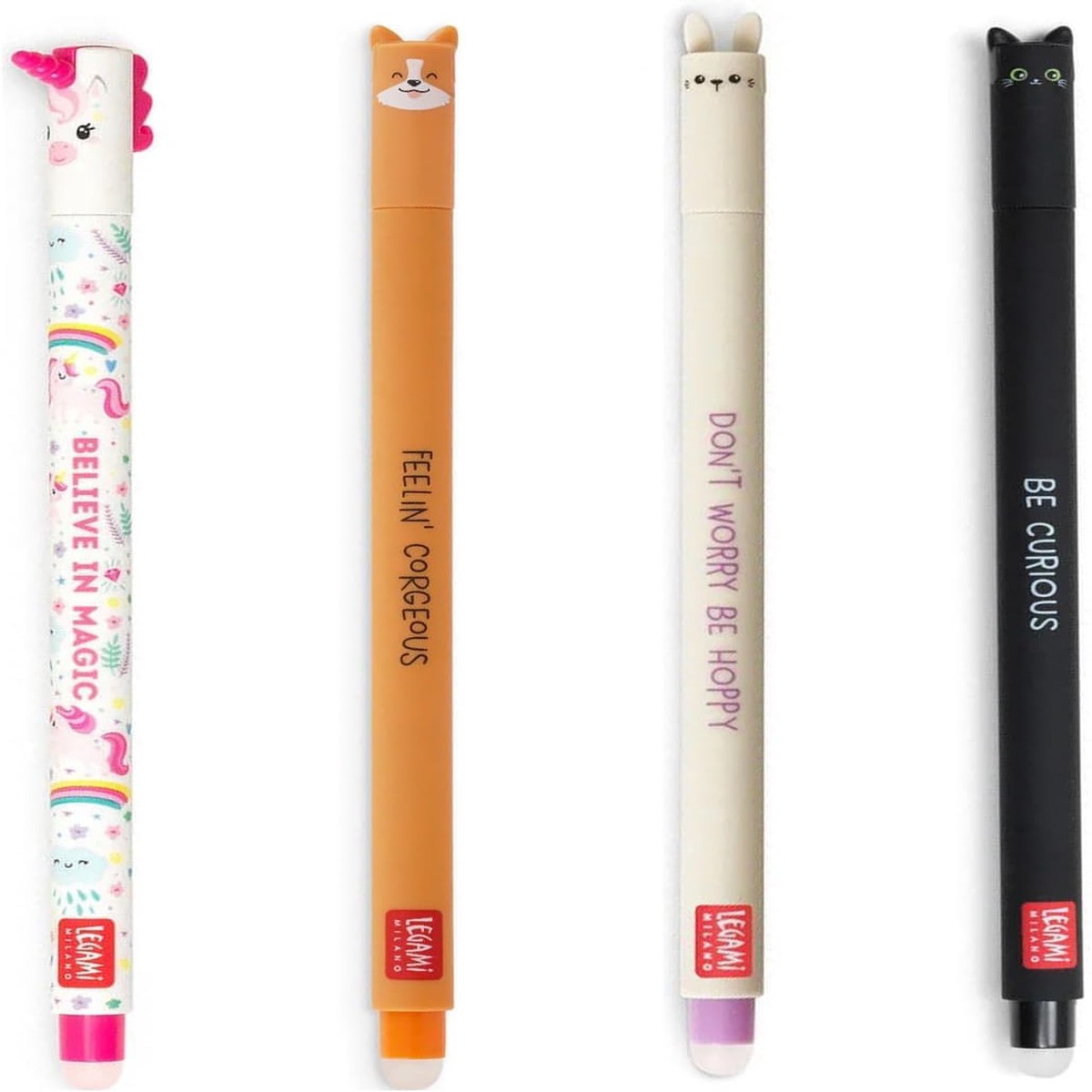 LEGAMI Set of 4 Gel Erasers, Cute Erasable Ink Pencils, Kittens, Unicorn, Rabbits and Corgi Dog, Erasable Without Using Up Blades, 0.7mm Tip