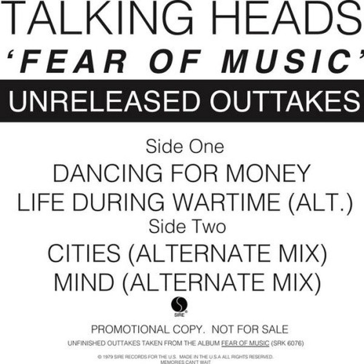 Talking Heads – Fear Of Music Unreleased Outtakes – 12″ Vinyl